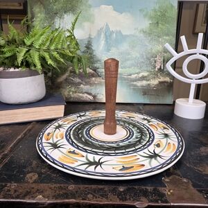 Vintage Art Pottery Cake Stand Hand Painted Banana & Palm Leaf Tazza 1982